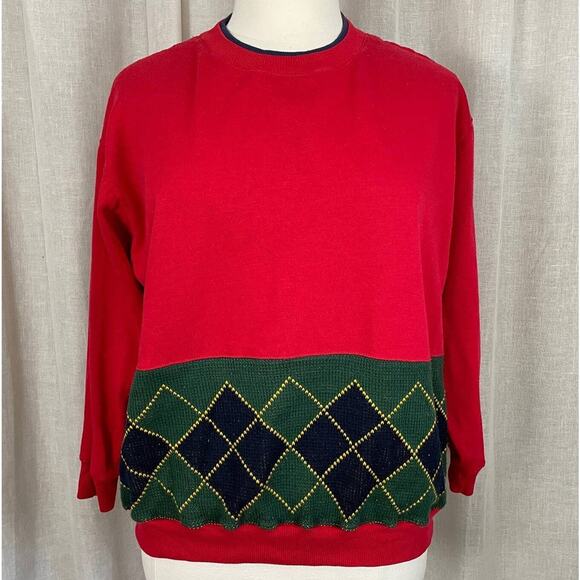 Vintage Crewneck Sweatshirt Womens Plus Size 20W Red Argyle Casual 90s 80s - Picture 1 of 11
